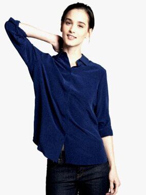 Grana | Navy Blue Silk Button Shirt Large